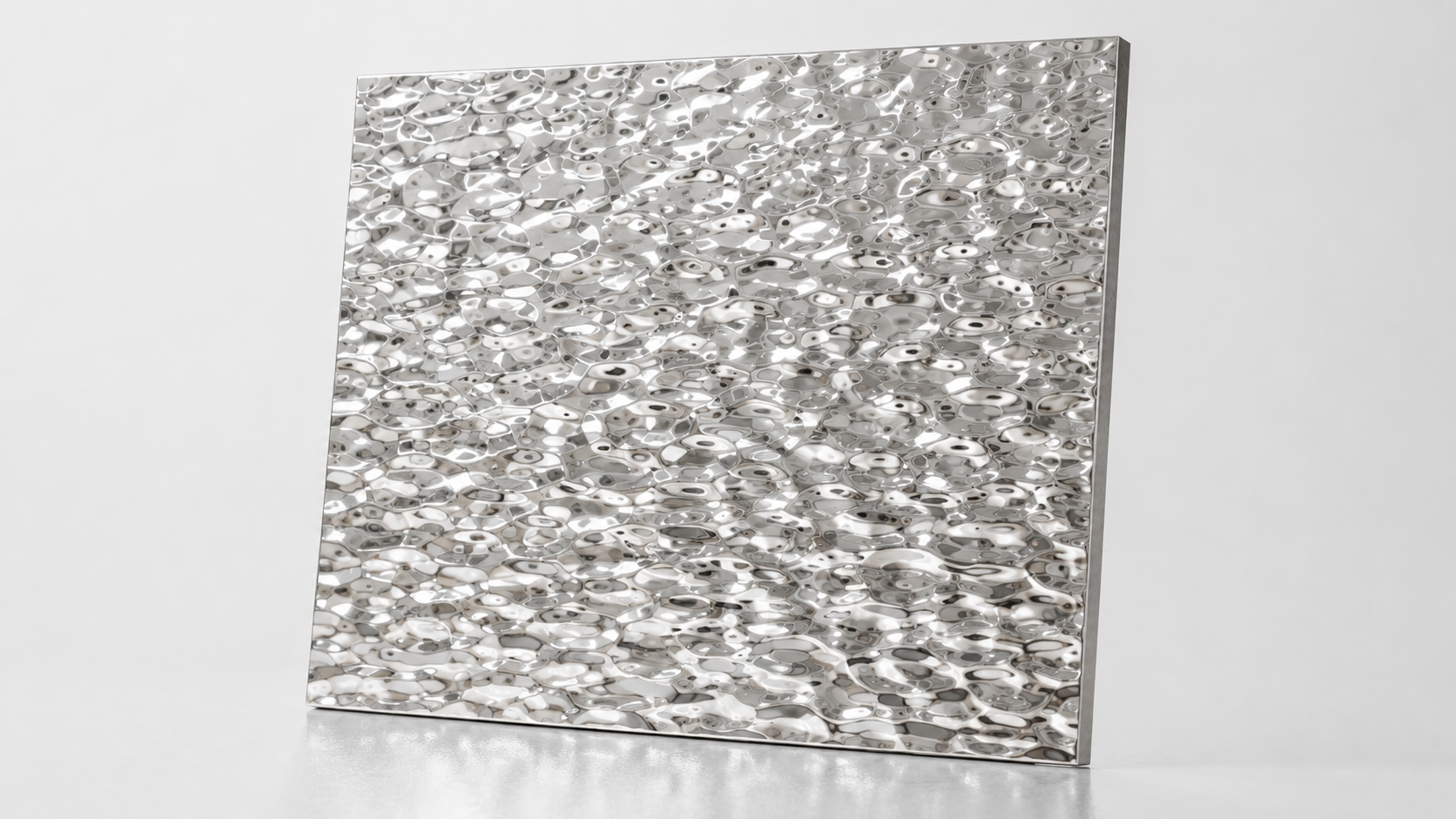 Reflective stainless steel water ripple sheet with textured finish.
